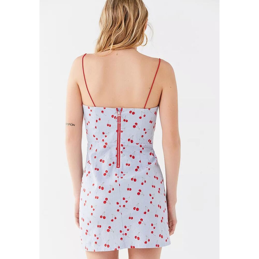 Urban Outfitters Linen Blend Cherry Print Spagetti Mini Dress Size 2 Blue Red - Picture 4 of 12